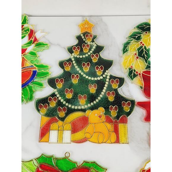 Christmas Sun Catcher Window Plaque 90s Plastic Large Stained Glass Style x7 Vtg - Picture 3 of 16